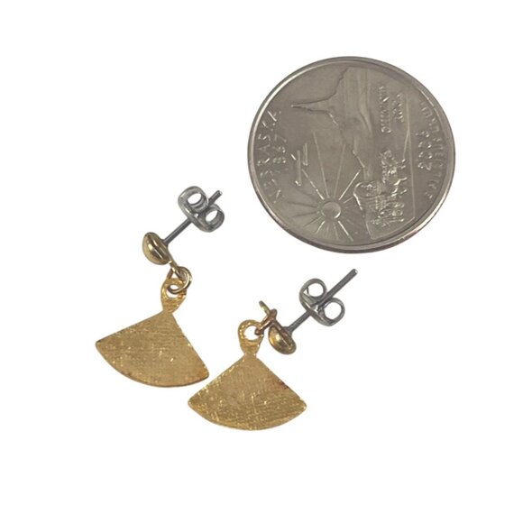 Gold & Blue Fan-Shaped Dangle Earrings With Floral Enamel Design - Picture 3 of 7